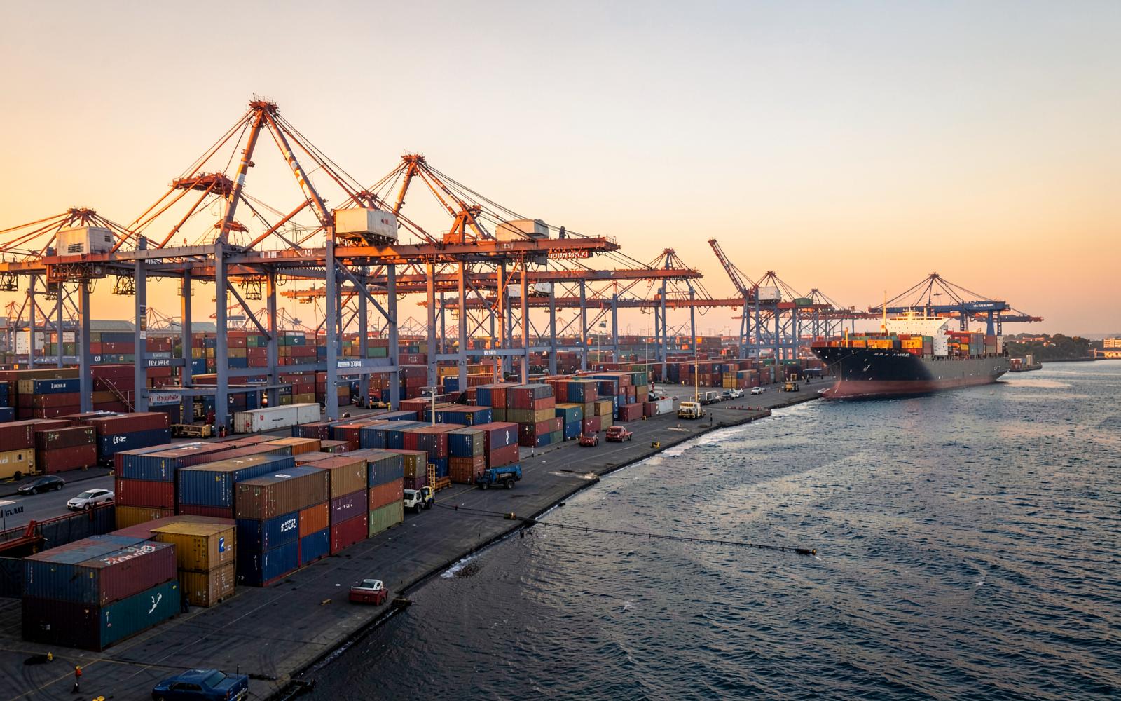 Containers and cranes at a busy West African seaport