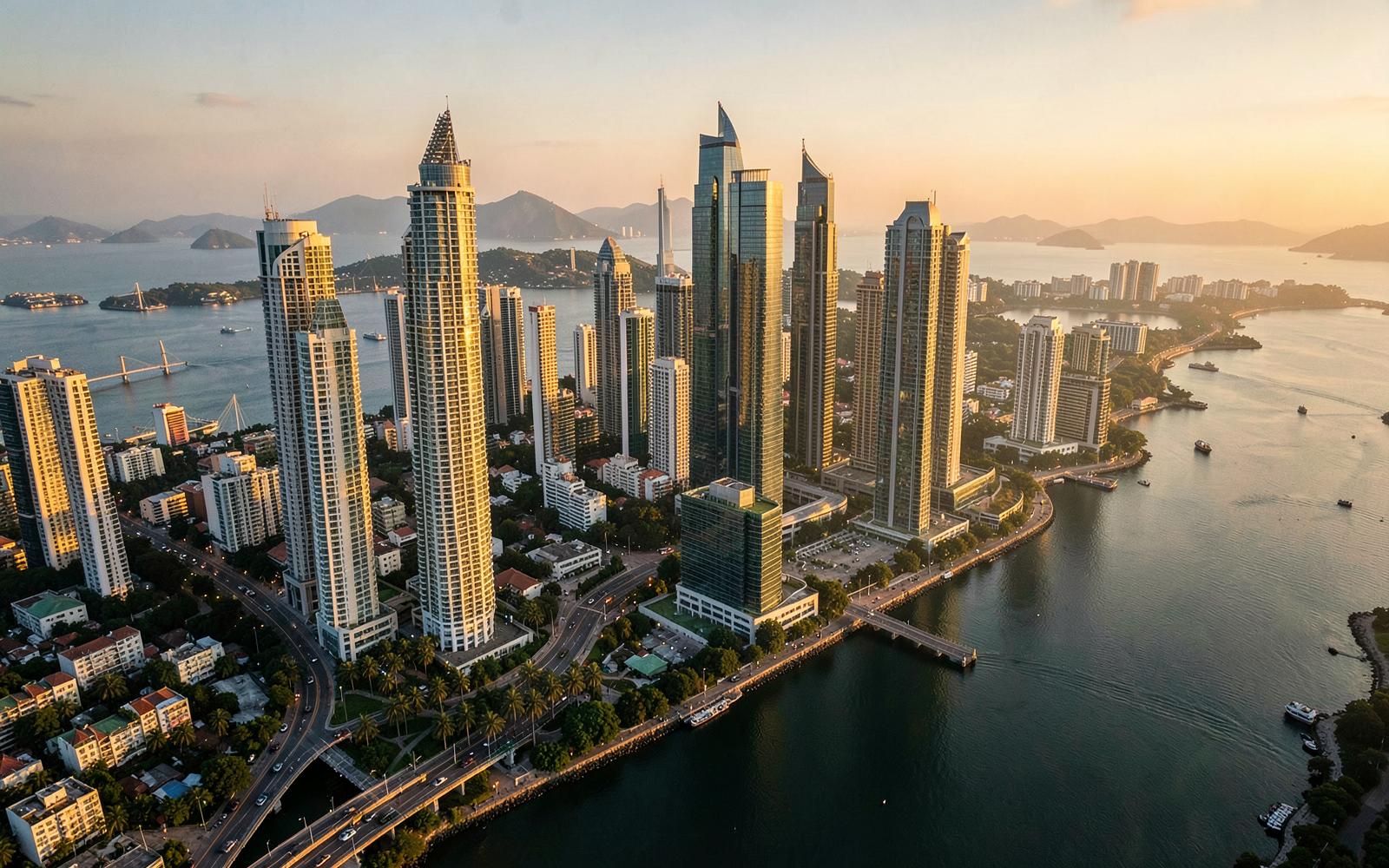 Aerial view of a modern African city skyline at golden hour