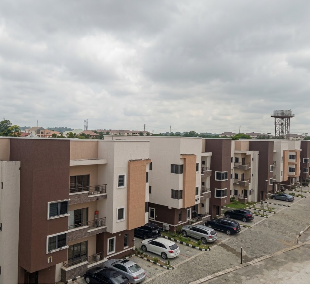 Completed low-rise apartment blocks with parking at an estate in Ikeja GRA, Lagos