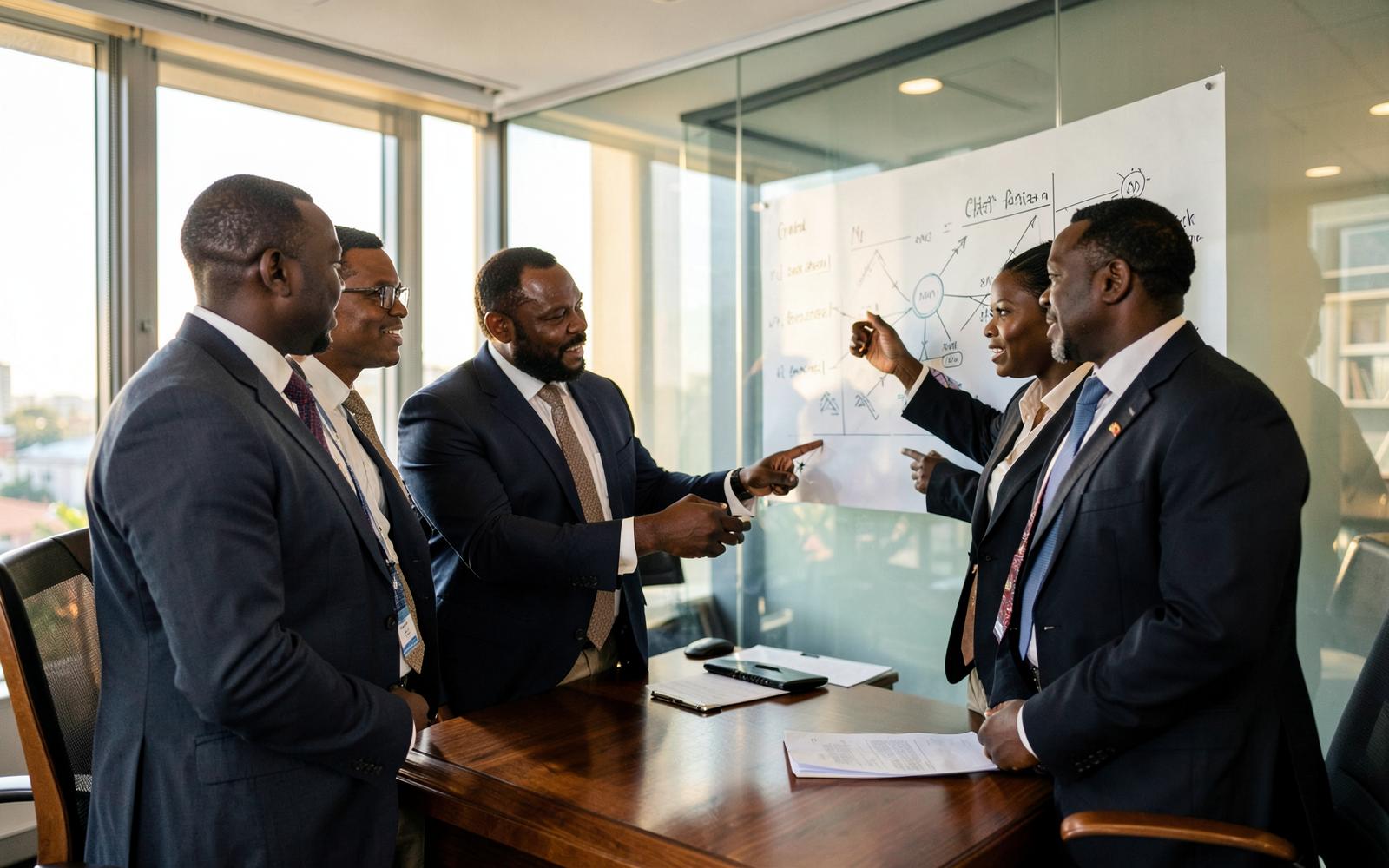 Oaktree executives reviewing a strategy plan in a Lagos boardroom