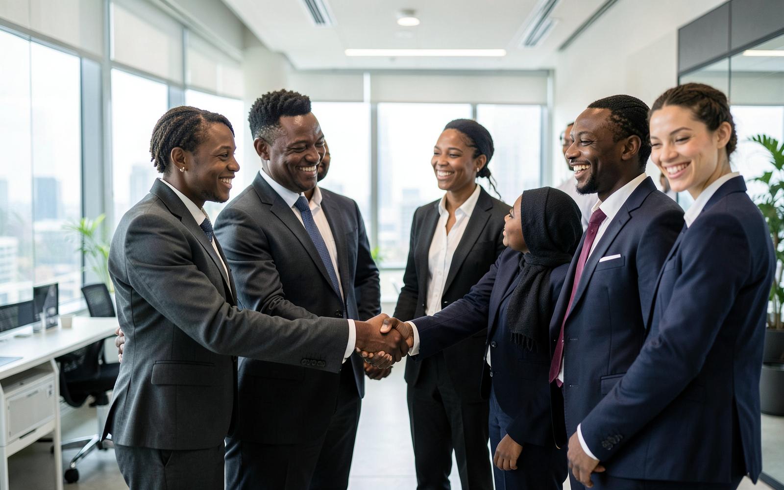 Oaktree team shaking hands with partners in a modern African office