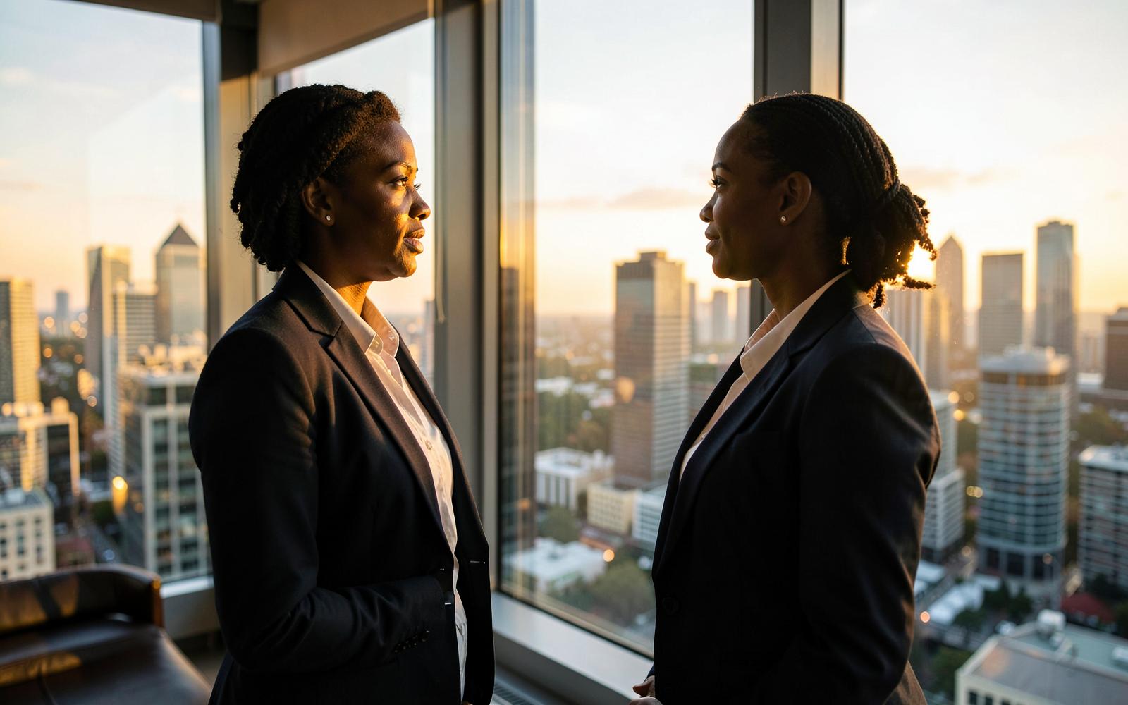 African business leaders looking out over a city skyline at sunset